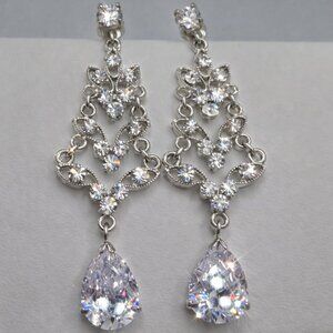 Cubic Zirconia CZ Silver-Tone Chandelier Drop Earrings Bridal Wedding Party